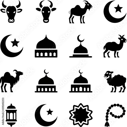 Eid Mubarak Islamic Silhouettes Set Mosque Crescent Moon Camel Goat Vector Collection