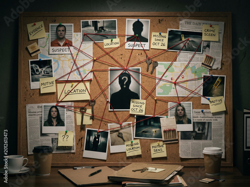 Detective investigation board with suspect photos and red connection lines