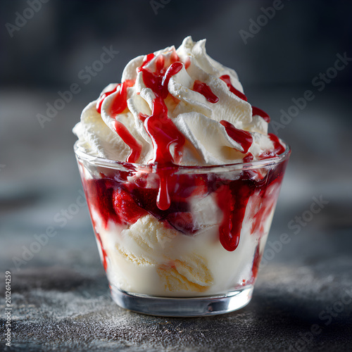 Strawberry sundae dessert with whipped cream