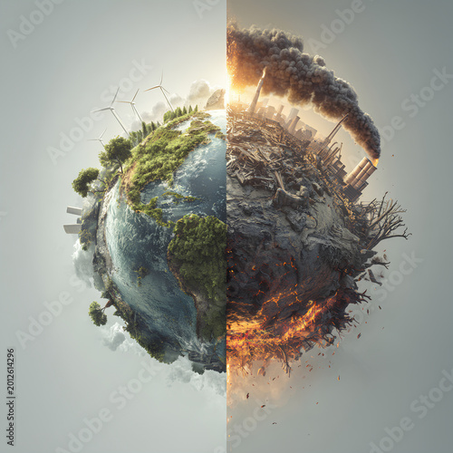 Climate change concept earth collection with split world contrast