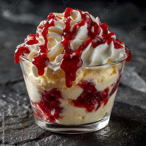 Strawberry sundae dessert with whipped cream