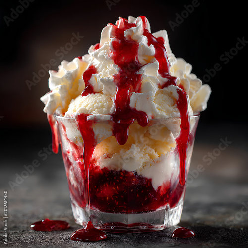 Strawberry sundae dessert with whipped cream
