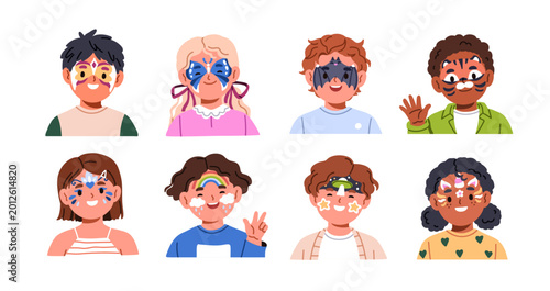 Funny kids with face painting set. Happy cute children with color makeup, fac...