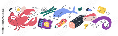 Mediterranean food composition. Sea fish, lobster, spaghetti, olive oil, vege...
