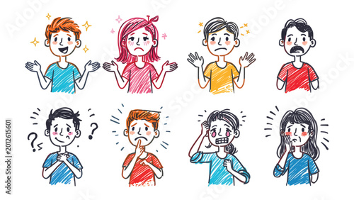 Foto Emotions Illustration: A vibrant illustration showcasing eight distinct individuals, each vividly portraying a unique emotional state, from joy and confusion to concern and anxiety