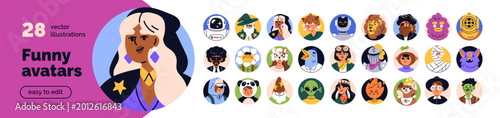 Creative characters avatars set. Funny user profiles in circles. Portraits of robot, cute animals, whimsical people in fantasy masks, costumes. Flat vector illustration isolated on white background