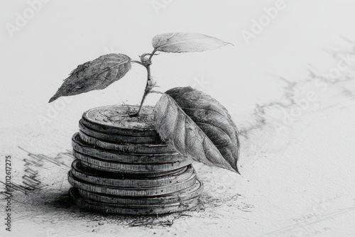 Pencil sketch of a young plant growing from a stack of coins, symbolizing financial growth and investment.