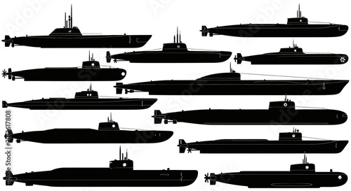 Schilderij op canvas Black submarine silhouettes collection isolated on white background