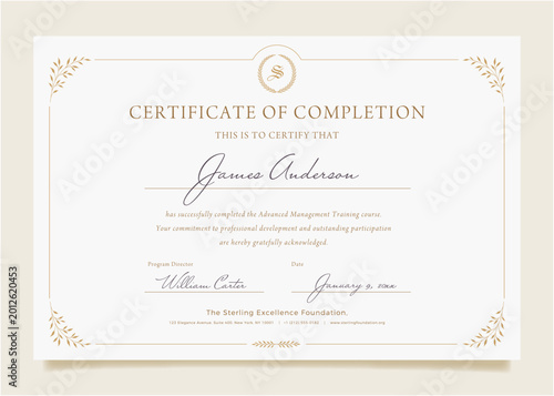 Elegant Certificate of Completion Template - Luxury Gold Floral Border Design
