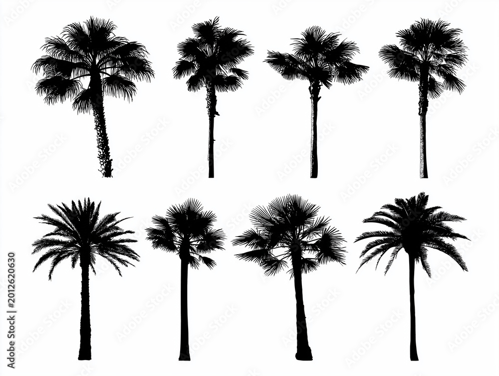 Fototapeta premium Black Silhouette Palm Tree Collection - Tropical Vector Set