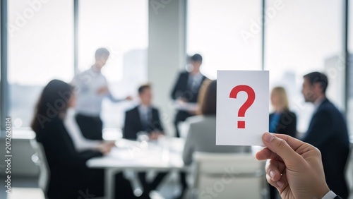 Business Meeting with a Person Holding a Sign with a Question Mark in a Modern Office Conference Room for Corporate Presentation or Team Discussion
