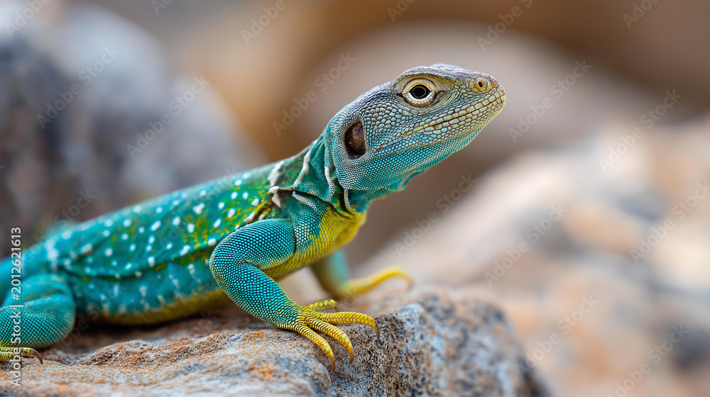 Fototapeta premium Close-up of an Eastern collared lizard on rocky surface with scales and colors visible, reptile wildlife photography concept, lizard close-up, nature macro, defocused background, with copy