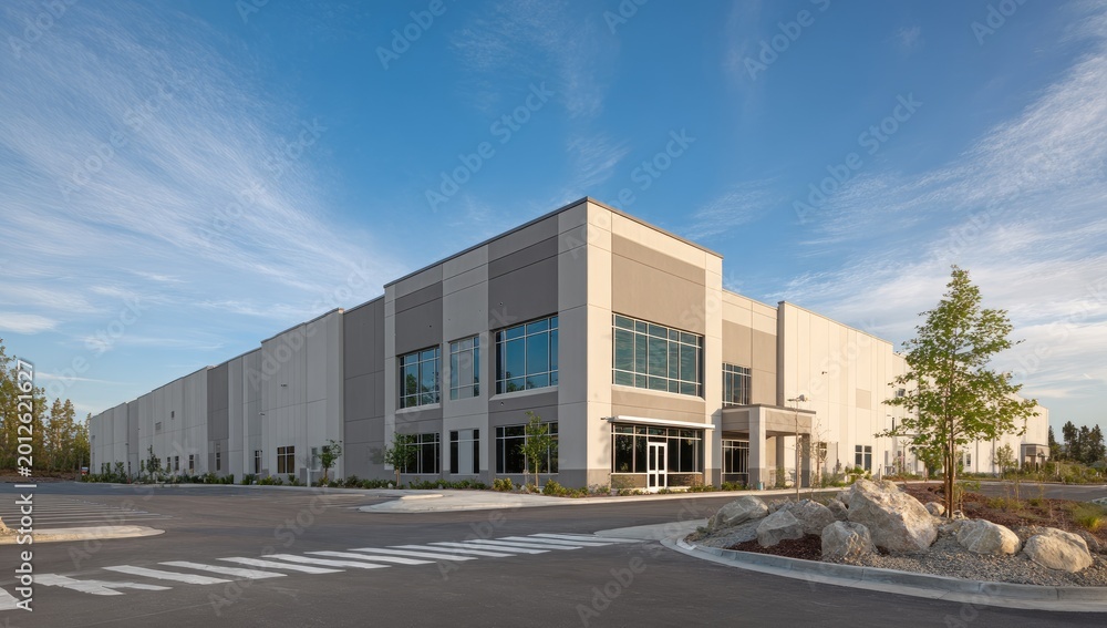 Obraz premium Modern industrial warehouse with large windows and surrounding landscaping