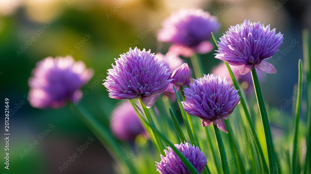 Fototapeta premium Close-up of purple chive blossoms at golden sunset hour, garden flower photography concept, chive bloom close-up, purple nature background, defocused background, with copy space
