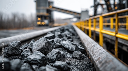 Close-up of raw coal on a conveyor belt at an industrial facility