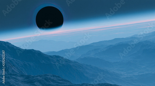 Dark Moon Above Blue Mountains and Pink Horizon