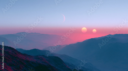 Alien Sunset with Crescent Moon and Twin Suns