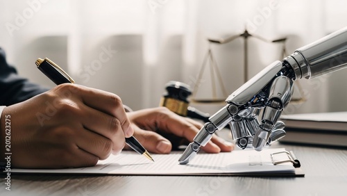 Innovative collaboration between human and robotic hands working together on a legal or scientific document in a modern office setting emphasizing technology and teamwork