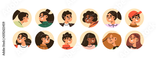 Young people avatars in circles. Happy smiling men and women, head portraits ...
