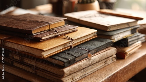 Cozy desk scene featuring a stack of writing journals in warm natural light