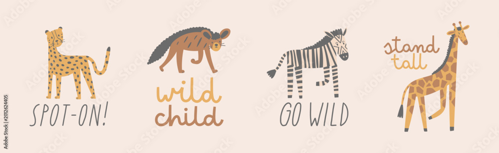 Naklejka premium African safari animals sticker set with lettering quotes. Cute flat hand drawn nursery characters. Giraffe, cheetah, zebra and hyena. Perfect for prints, wildlife projects, and kids designs.