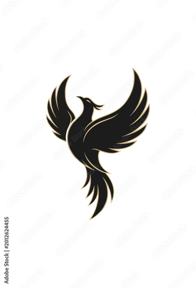 Fototapeta premium Stylized phoenix illustration with golden wings and black background