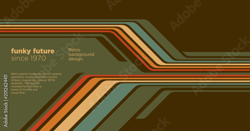 Retro futuristic background with layered color stripes and geometric curves in vintage 70s style. Vector illustration.