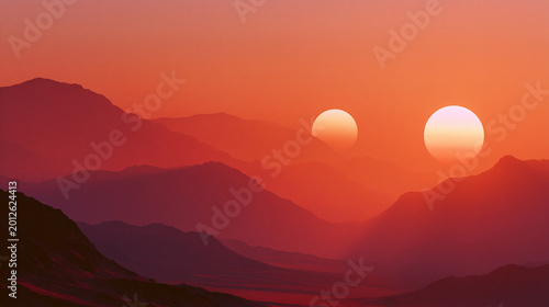 Alien Planet with Two Suns Setting, Orange Sky, Long Shadows and Cinematic Sci-Fi Desert Landscape