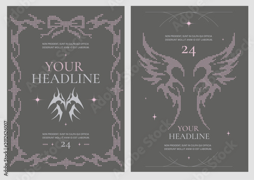 Minimal Cyber Gothic Vector Posters in 2YK Aesthetic. Acid Graphic Design Templates with Tribal Elements, Futuristic Wings and Dark Editorial Style