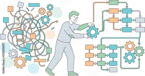 Φωτογραφία Business professional transforming complex messy workflows into organized systematic processes using gears and structured flowchart diagrams for efficiency