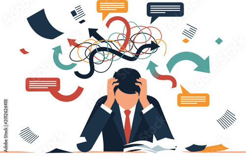 Overworked businessman feeling stressed and overwhelmed by chaotic thoughts messy communication and unorganized paperwork in a corporate office.