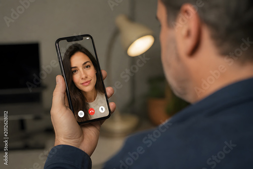 Man looking at smartphone with video chat of attractive young woman. AI deepfake and online deception concept