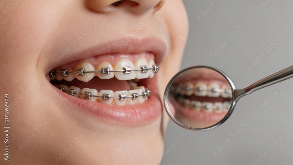 Naklejka premium A person with orthodontic braces smiles and shows their teeth in a mirror, highlighting their dental health and care.