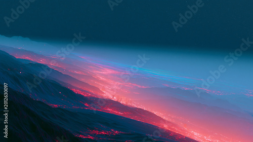 Neon Pink Glow Across Surreal Mountain Night Landscape
