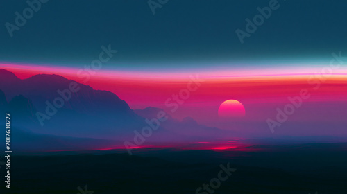 Neon Sunset Over Mountain Silhouettes with Vibrant Pink and Blue Synthwave Landscape