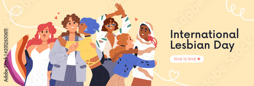 International Lesbian day banner. Happy women, girls community, group at LGBT...