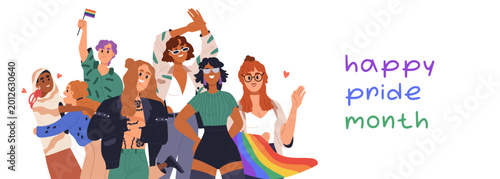 LGBT Pride Month banner design. Happy people at LGBTQ love parade. Homosexual...