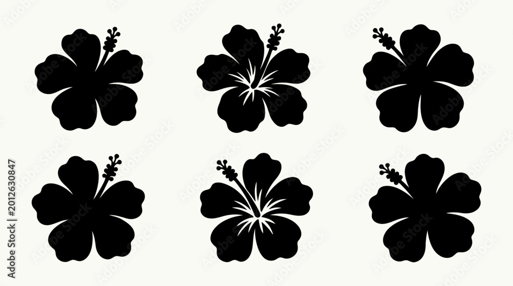 Obraz premium Six black four-leaf clover silhouettes arranged in a grid on a white background.