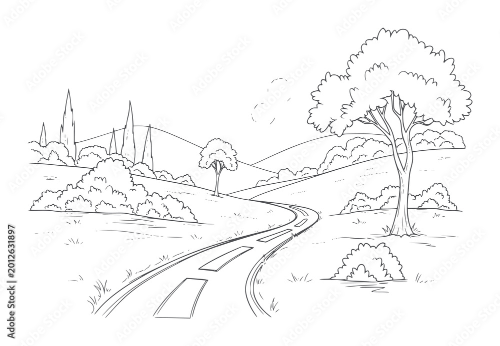 Fototapeta premium Winding country road through rolling hills and trees