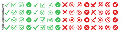 Obraz na płótnie Green checkmarks and red crosses in various styles are displayed