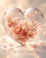 A beautiful heart-shaped glass filled with delicate pink roses and small flowers, symbolizing love and appreciation for Mother's Day.