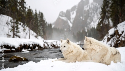 Two White Wolves in Winter.