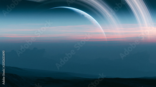 Alien Planet with Massive Rings in the Sky over Sci-Fi Landscape, Dramatic Lighting and Cinematic Composition