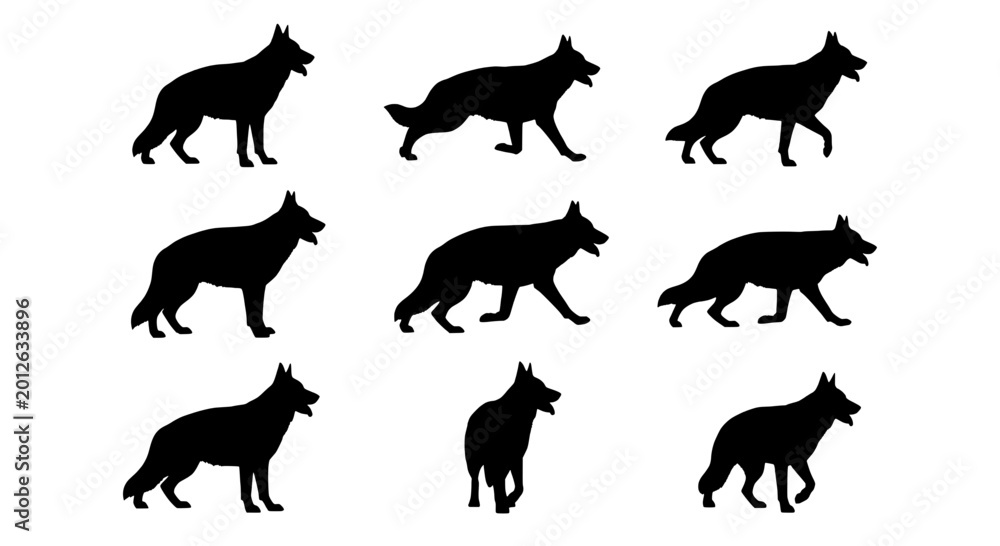 Obraz premium Wolf animal silhouettes set with realistic black fur shapes in bold vector style for wildlife posters