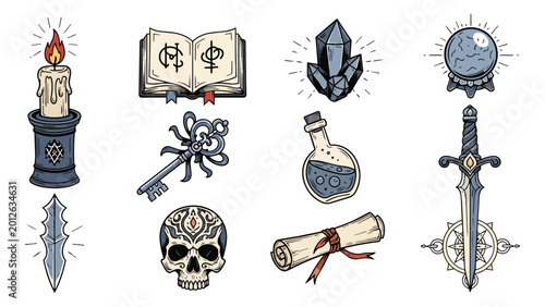 Magical objects collection illustration on dark background