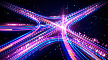 A dynamic 3D render showing intersecting light trails, depicting fast digital data transmission and network connections.