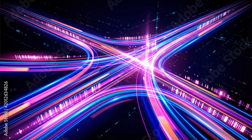 Tableau sur toile A dynamic 3D render showing intersecting light trails, depicting fast digital data transmission and network connections