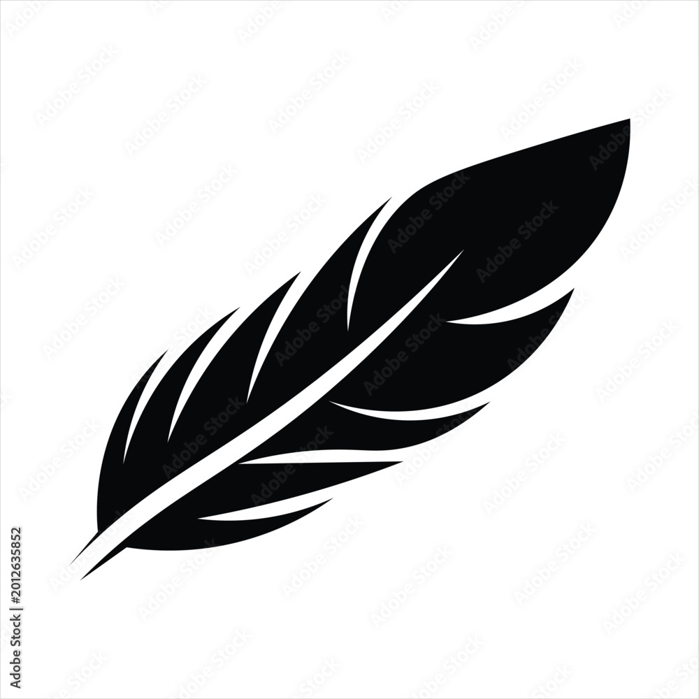 Fototapeta premium black feather silhouette is shown against a white background The feather is depicted in a simple vector