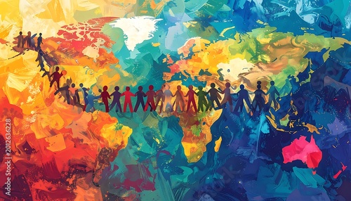 Diverse people unite global colorful map.