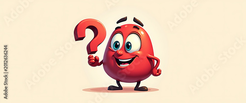 Happy red question mark character holding symbol with big smile.